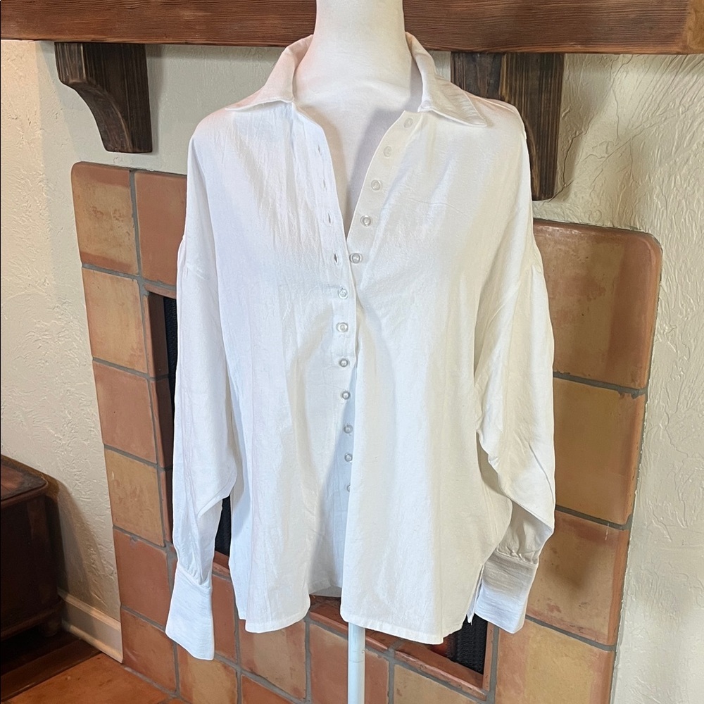 Boheme White Cotton Drop-Shoulder Oversized Fit Button Up , size 2